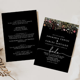 Black Galant Wildflower Spanish Front & Back Boda Invitation
