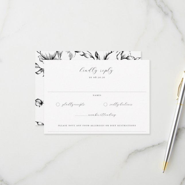 Black Garden Floral Wedding RSVP Card (Front/Back In Situ)