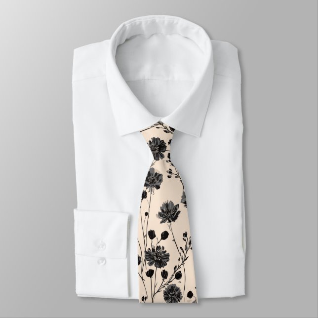 black Garden Flowers Wildflower Spring Meadow Tie (Tied)