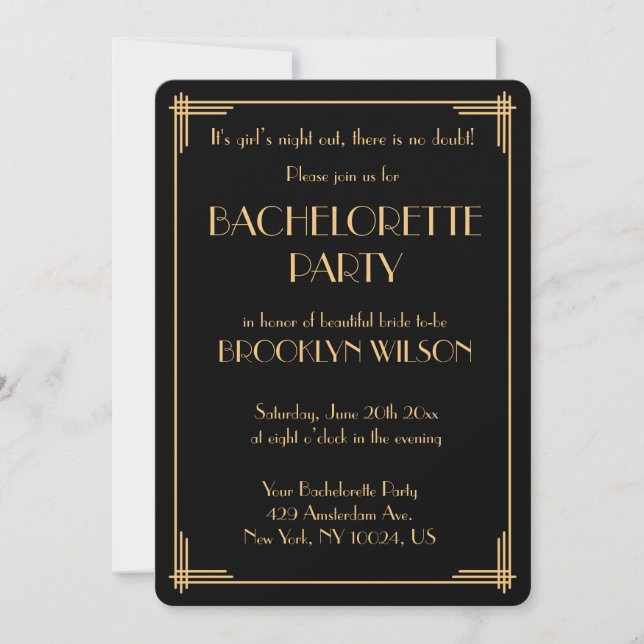 Black Gatsby Art Deco Bachelorette Party Invite (Front)