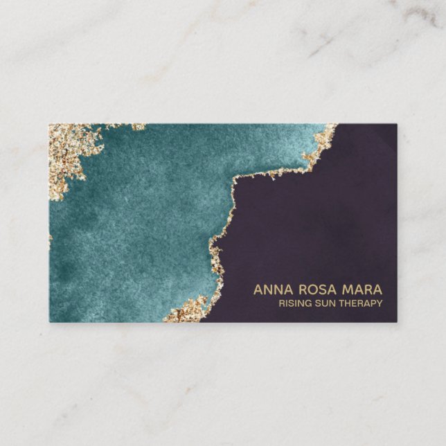 *~* Black Geode Teal Moss Agate Gold Glitter Business Card (Front)