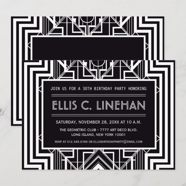 Black Geometric Birthday Party Invitations (Front/Back)