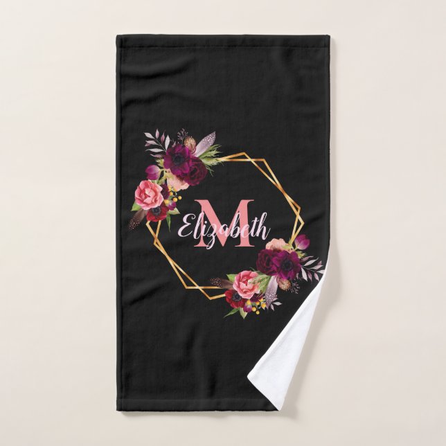 Black geometric burgundy florals monogram bath towel set (Hand Towel)