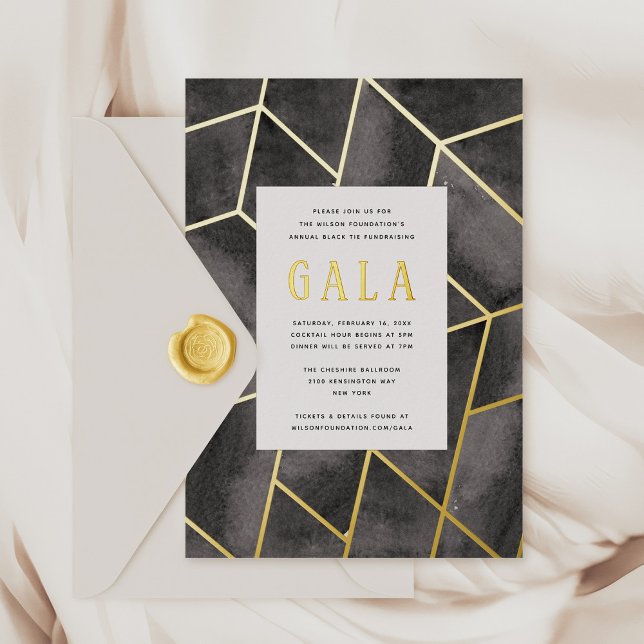 Black Geometric Gala Gold Foil Invitation (Black watercolor and gold foil Geometric Gala Invitation)