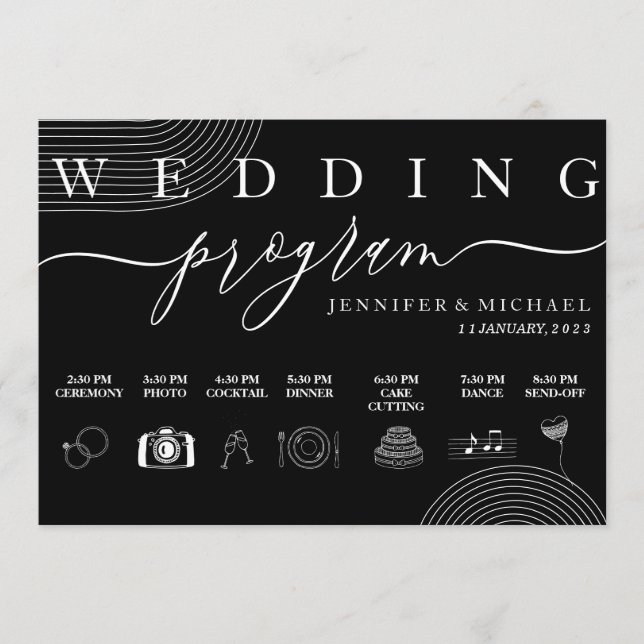 Black Geometric Icon Timeline Ceremony Wedding Programme (Front)