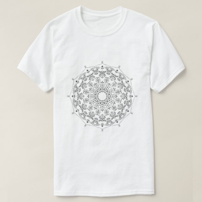 Black Geometric Mandala Pattern on White T-Shirt (Design Front)