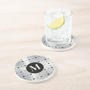 Black geometric pattern silver metallic background coaster