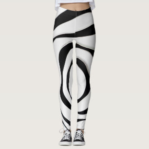 Black geometric spiral design on white background leggings