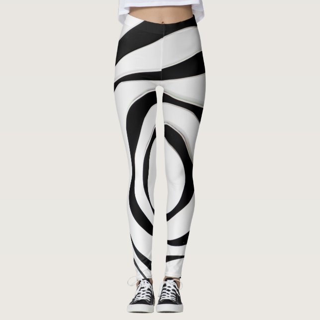 Black geometric spiral design on white background leggings (Front)