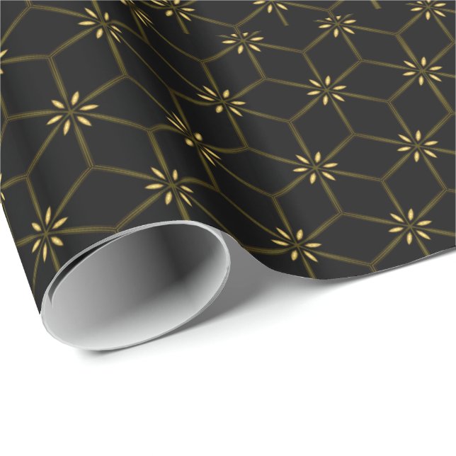 Black Geometry Gold Floral Daisies Wrapping Paper (Roll Corner)
