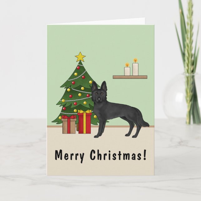 Black German Shepherd And Festive Christmas Tree Card (Front)