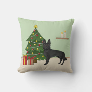 Black German Shepherd And Festive Christmas Tree Cushion