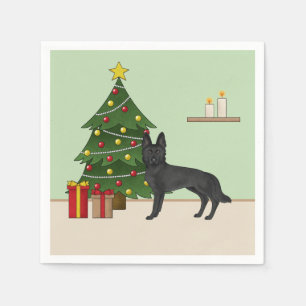 Black German Shepherd And Festive Christmas Tree Napkin