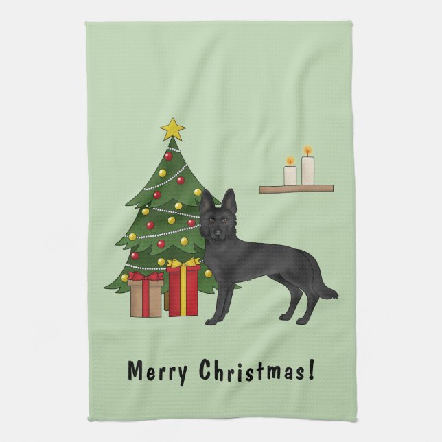 Black German Shepherd And Festive Christmas Tree Tea Towel (Vertical)