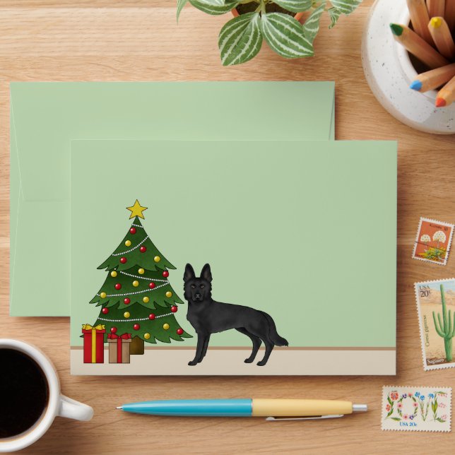 Black German Shepherd And Green Christmas Tree Envelope (Desk)