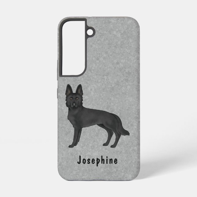 Black German Shepherd Cartoon Dog On Grey And Text Samsung Galaxy S22 Case (Back)