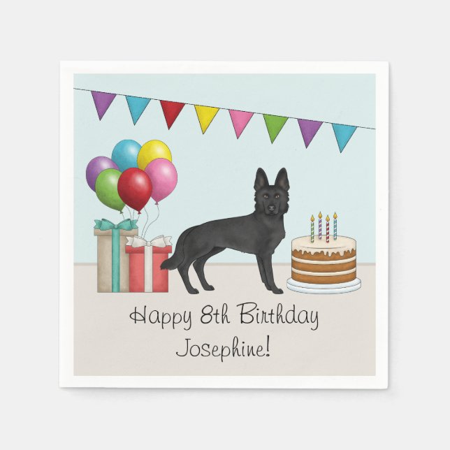 Black German Shepherd Colourful Happy Birthday Napkin (Front)