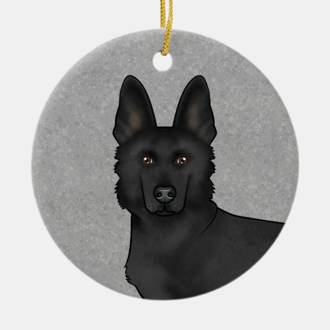Black German Shepherd Cute Cartoon Dog Head Grey Ceramic Tree Decoration (Front)