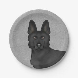 Black German Shepherd Cute Dog Head Close-Up Grey Paper Plate