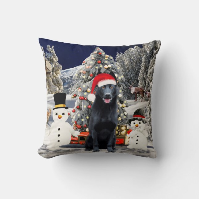 Black German Shepherd Dog Christmas Hat Lights Cushion (Front)