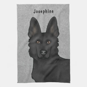 Black German Shepherd Dog Head And Name Grey Tea Towel