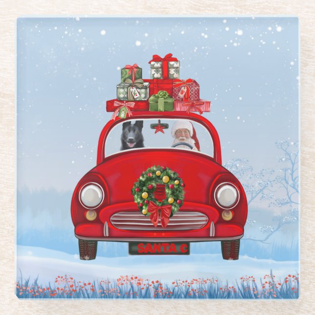Black German Shepherd Dog In Car With Santa Claus  Glass Coaster (Front)