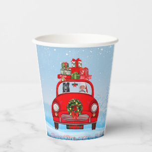 Black German Shepherd Dog In Car With Santa Claus Paper Cups