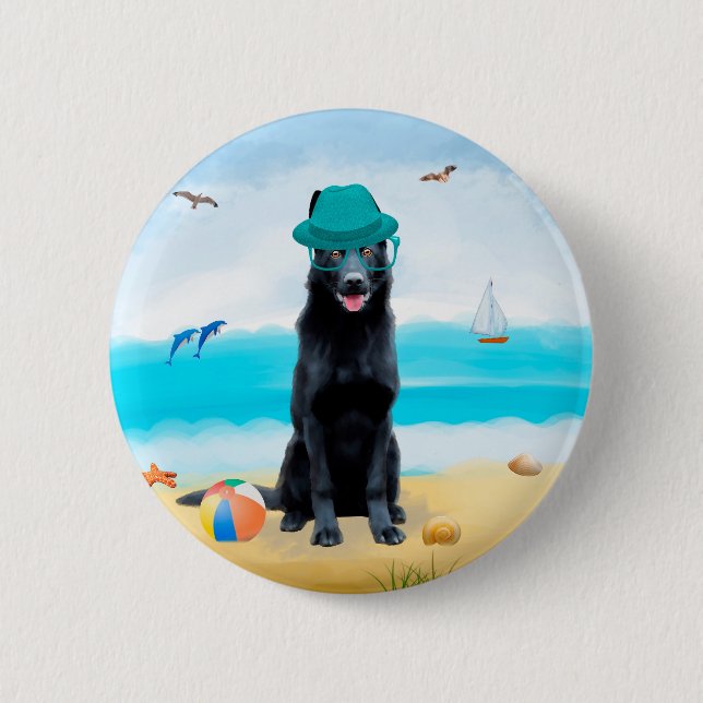 Black German Shepherd Dog on Beach 6 Cm Round Badge (Front)