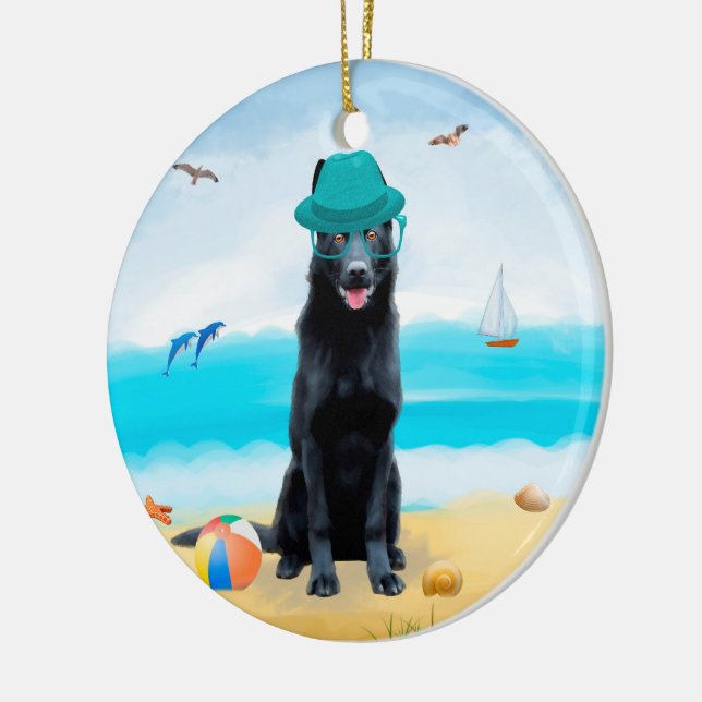 Black German Shepherd Dog on Beach Ceramic Tree Decoration (Left)