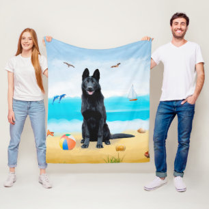 Black German Shepherd Dog on Beach Fleece Blanket