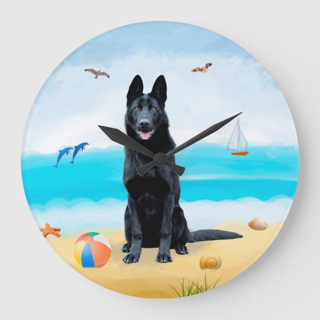 Black German Shepherd Dog on Beach Large Clock (Front)