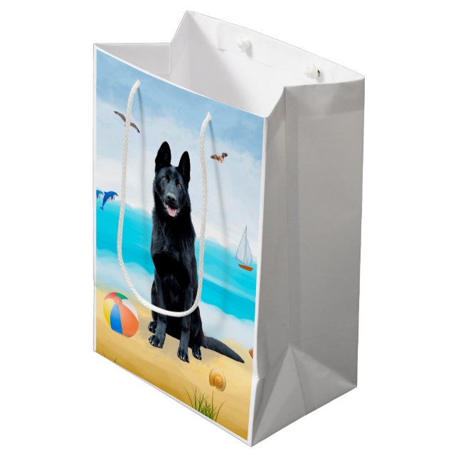 Black German Shepherd Dog on Beach Medium Gift Bag (Front Angled)