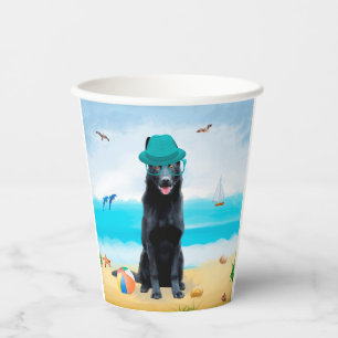 Black German Shepherd Dog on Beach Paper Cups