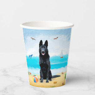 Black German Shepherd Dog on Beach Paper Cups