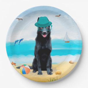 Black German Shepherd Dog on Beach Paper Plate