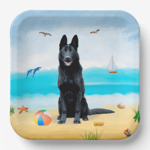 Black German Shepherd Dog on Beach Paper Plate