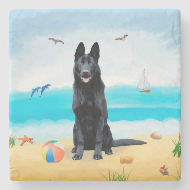 Black German Shepherd Dog on Beach Stone Coaster (Front)