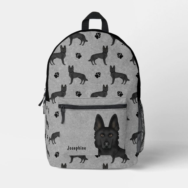 Black German Shepherd Dog Pattern With Name Grey Printed Backpack (Front)