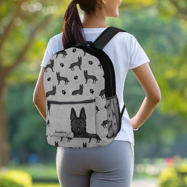 Black German Shepherd Dog Pattern With Name Grey Printed Backpack (Please note: This image is a digital mockup. The product may not be in scale.)