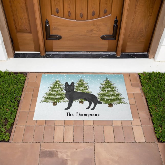 Black German Shepherd Dog Winter Forest With Name Doormat (Outdoor)