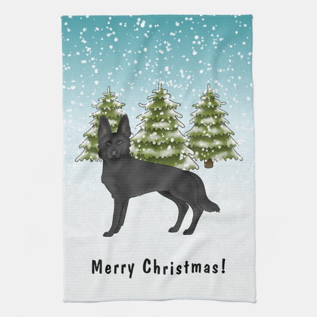 Black German Shepherd Dog Winter Forest With Text Tea Towel (Vertical)