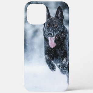 Black German Shepherd in snow Duvet Cover