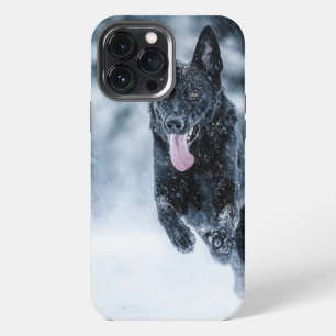 Black German Shepherd in snow Duvet Cover