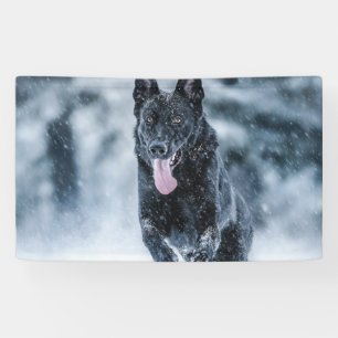 Black German Shepherd in snow Duvet Cover Banner