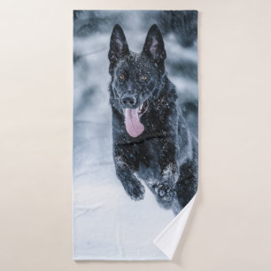 Black German Shepherd in snow Duvet Cover Bath Towel