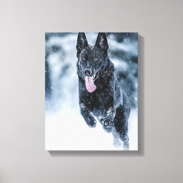 Black German Shepherd in snow Duvet Cover Canvas Print (Front)