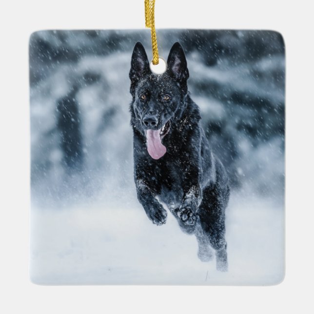 Black German Shepherd in snow Duvet Cover Ceramic Ornament (Front)