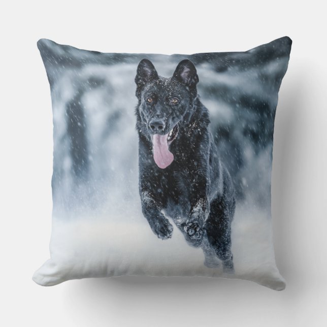 Black German Shepherd in snow Duvet Cover Cushion (Front)