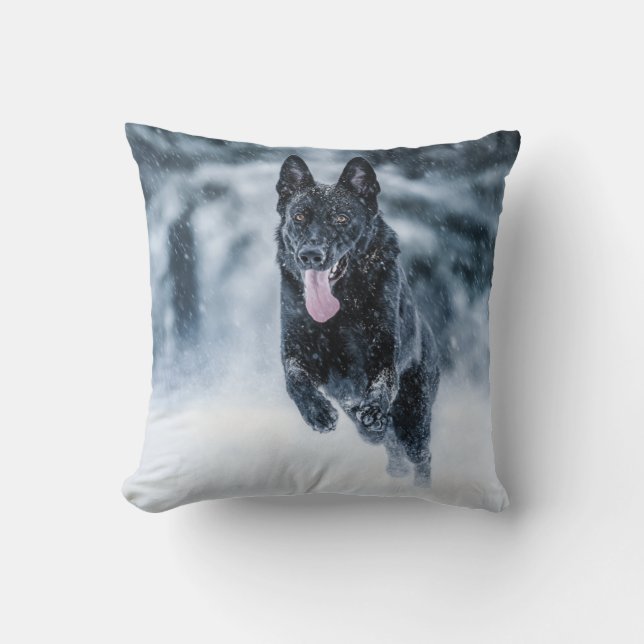 Black German Shepherd in snow Duvet Cover Cushion (Front)