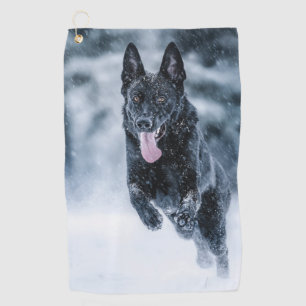 Black German Shepherd in snow Duvet Cover Golf Towel